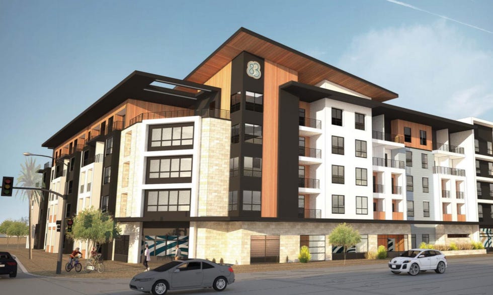 A rendering shows the proposed Converge at P83 apartment building. The Peoria Planning and Zoning Commission in July made the first step paving the way for the five-story, 195-unit building proposed for 75th Avenue and Paradise Lane.