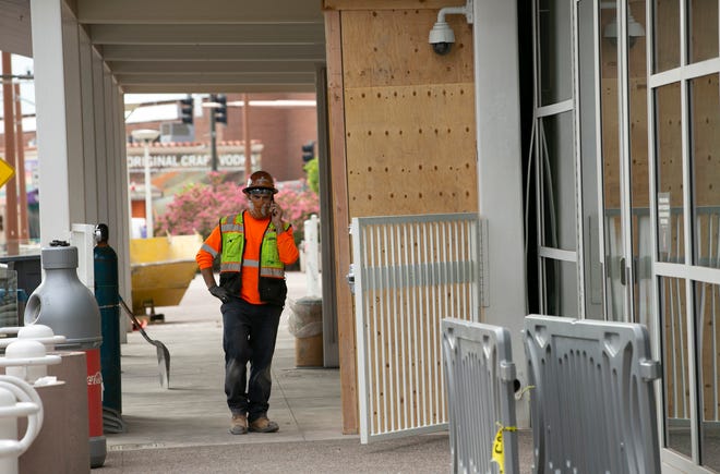 Construction of FanDuel, a sports book is underway on street level of the Footprint Center, the arena where the Phoenix Suns and Mercury play in downtown Phoenix on August 11, 2021.